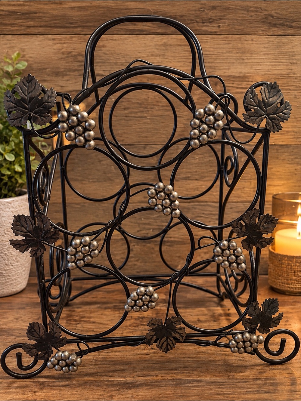 Vintage Black iron Wine Rack with Grape Accents